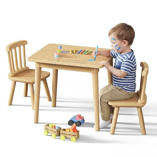 Brelley Solid Wood Kids Table and 2 Chairs Set, Toddler Desk 23.6" L x 19.7" W and Chair Set, Graffiti Desktop, Classroom/Daycare/Home, Children Multi-Activity Table for Ages 2-8 | Amazon (US)