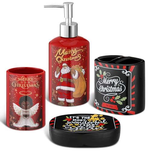 Teenyyou Christmas Black Santa Bathroom Accessories Set of 4 Christmas Bathroom Decoration Include Xmas Soap Dispenser Angel Tumbler Holly Berry Toothbrush Holder & Soap Holder | Amazon (US)