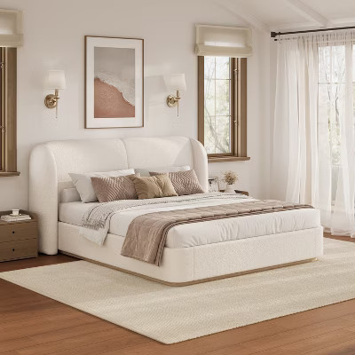 Queen Size Platform Bed Frame with Upholstered Headboard, Beige - ModernLuxe | Target