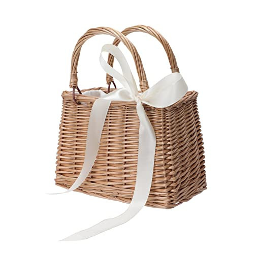 ABOOFAN Wicker Handbag Woven Rattan Storage Basket Top Handles Wedding Flower Girl Baskets Boho Style Beach Bag Straw Tote Retro Summer Clutch Beach Basket Purse White | Amazon (US)