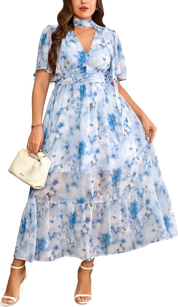 Women's 2025 Floral Summer Dress Smocked V Neck Boho Plus Size Beach Party Wedding Guest Ruffle L... | Amazon (US)