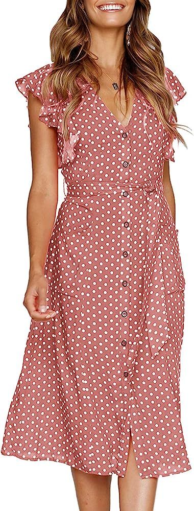 MITILLY Women's Summer Boho Polka Dot Sleeveless V Neck Swing Midi Dress with Pockets | Amazon (US)