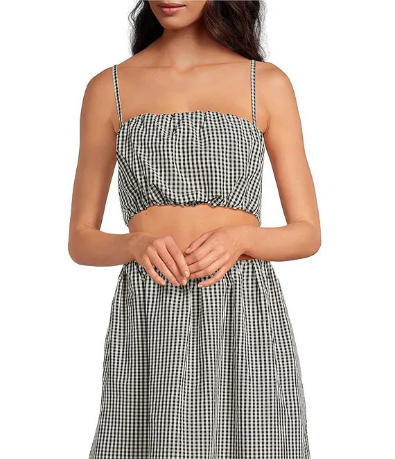 French Connection Gingham Square Neck Spaghetti Strap Ruched Crop Coordinating Top | Dillard's | Dillard's