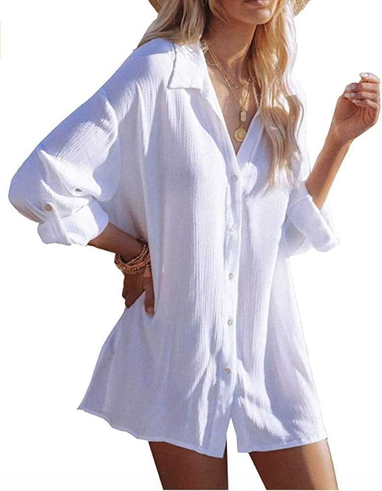 Women's Swimsuit Cover Up Button Down Shirt V-Neck Roll-up Sleeve Blouse Beach Bikini Beachwear B... | Amazon (US)