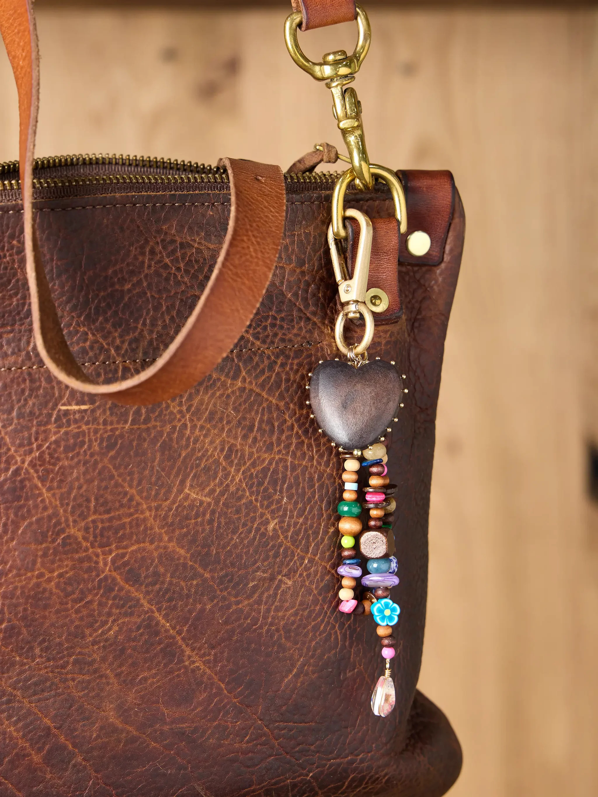 Vintage Wooden Heart Bag Charm Keychain | Natural Life