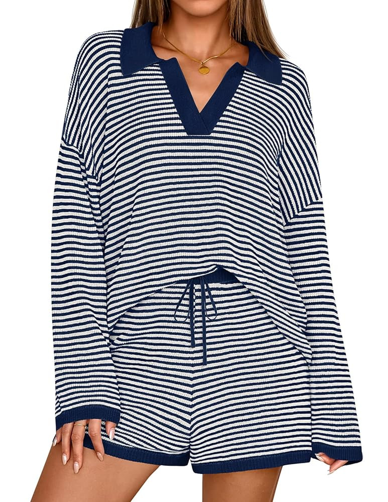 MEROKEETY Lounge Sets for Women 2 Piece Outfits Casual Long Sleeve Striped Sweater Tops Shorts Ma... | Amazon (US)