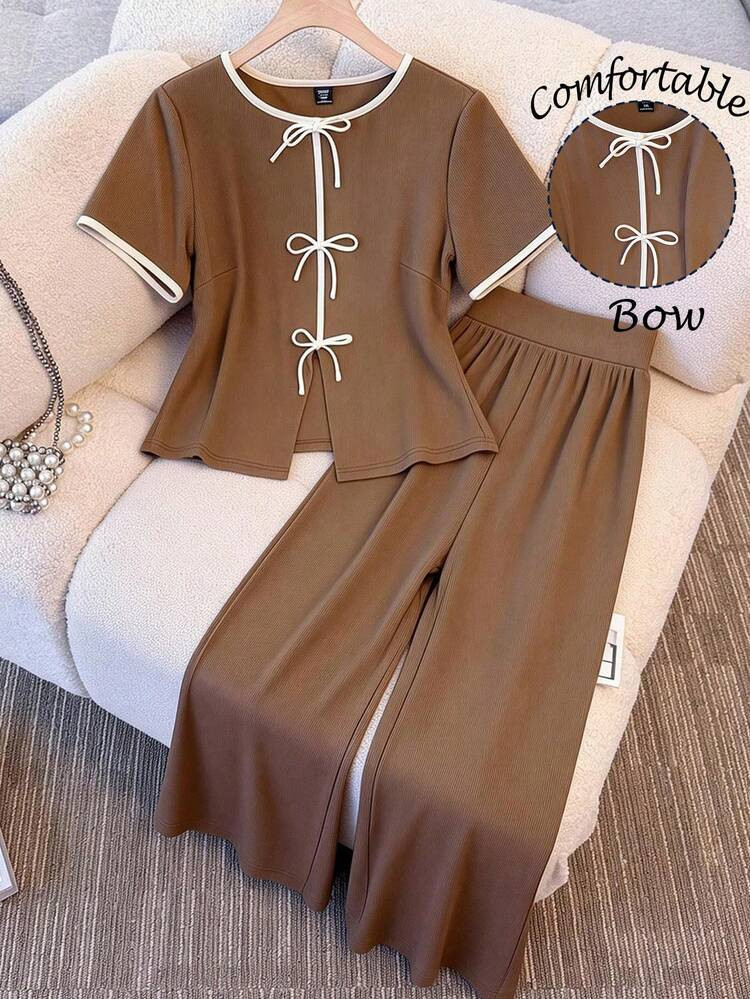GlowEve CURVE Women's Plus Size Colorblock Knit Fabric Round Neck Raglan Short Sleeve Loose Straight Casual Top Paired With Loose Pants, Comfortable & Versatile For Daily, Party, Home, Work, 2-Piece Set Two Piece Set Women Comfy Two Piece Set Women Short Sleeve Brown Two Piece Set Women | SHEIN