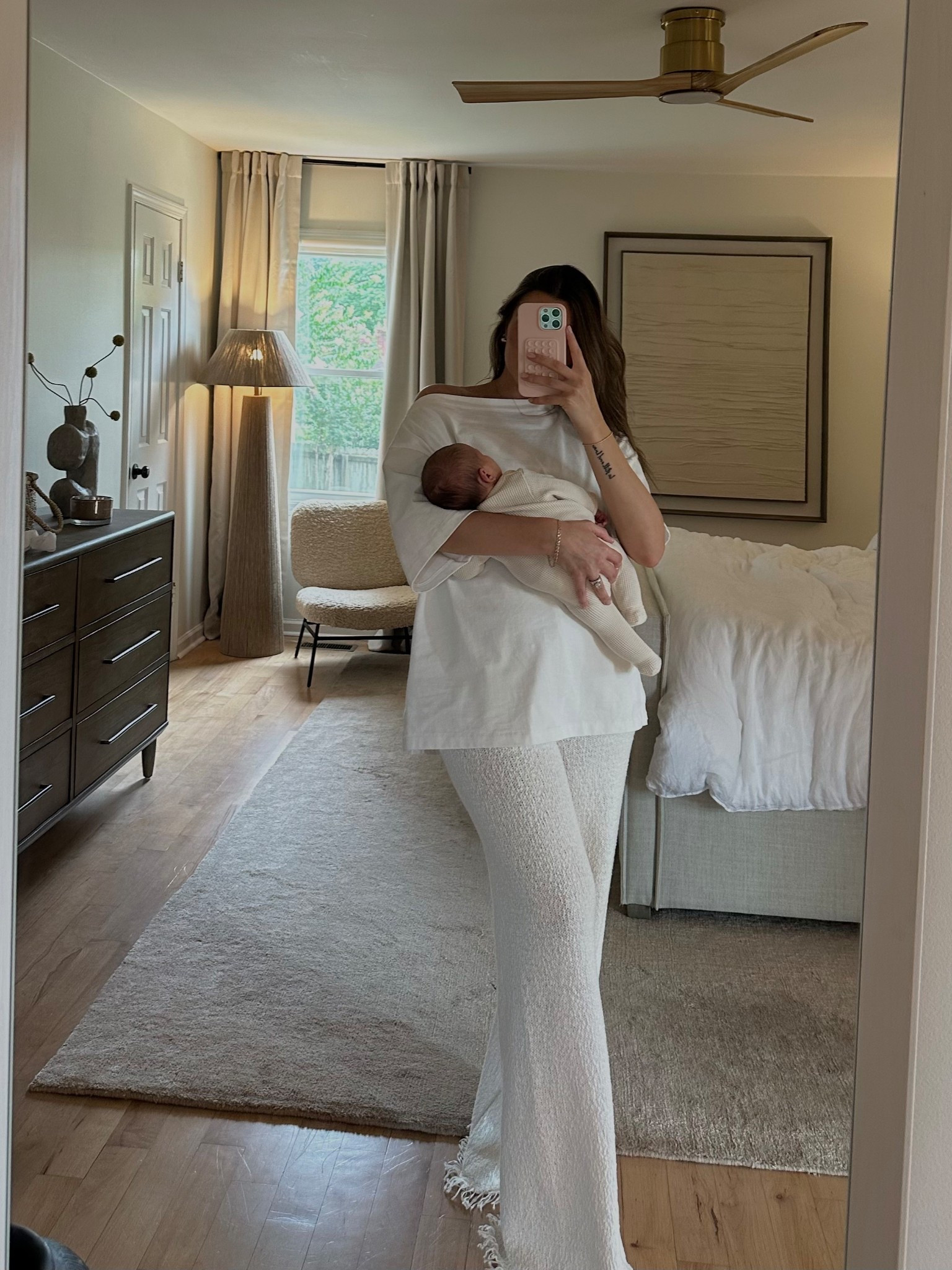 Love the off the shoulder tee paired with these textured pants! The perfect comfy summer outfit. And any waffle texture baby outfit is my favorite