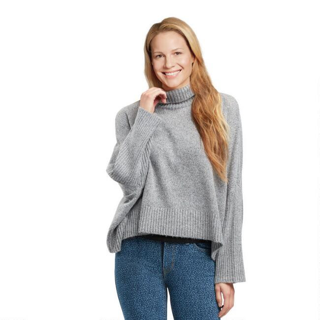 Gray Recycled Yarn Ribbed Knit Funnel Neck Sweater | World Market