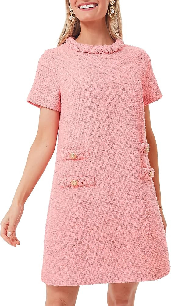 Ladyful Womens Tweed Jackie Dress Short Sleeve Elegant Crew Neck Business Party Vintage Button Bo... | Amazon (US)