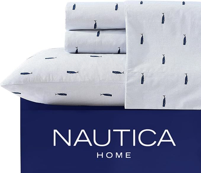Nautica - Twin Sheets, Cotton Percale Bedding Set, Dorm Room Essentials (Whale Stripe Blue, Twin) | Amazon (US)
