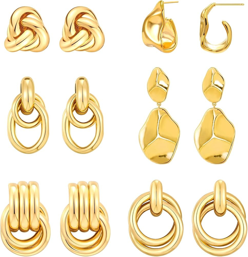 6 Pairs Gold Dangle Earrings for Women, 14K Gold Plated Earrings Geometric Knot Drop Huggie Earri... | Amazon (US)