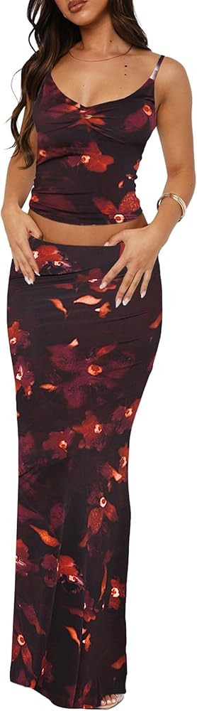 Two Piece Skirt Set for Women - Sexy Sleeveless Spaghetti Strap Pleated Tank Top Maxi Long Skirts... | Amazon (US)