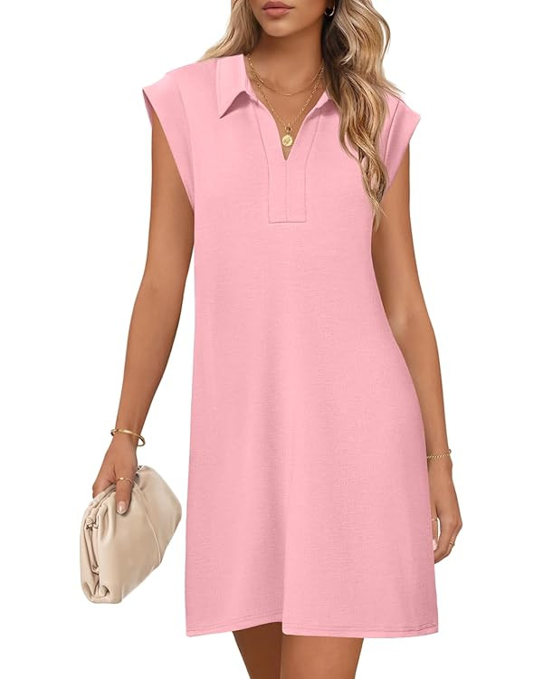 MEROKEETY Women's 2025 Summer Short Sleeve Mini Dress Casual Collared V Neck Loose T Shirt Dresse... | Amazon (US)