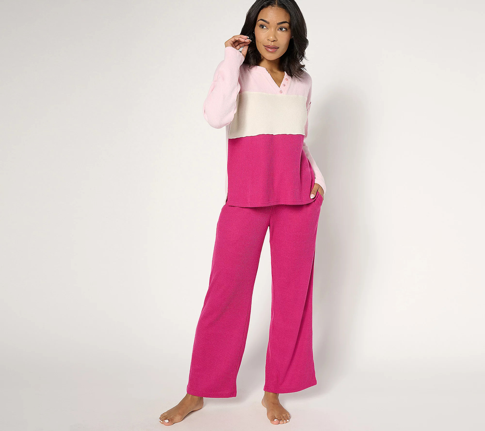 As Is MUK LUKS Regular Brushed Rib ColorBlock Lounge Set | QVC