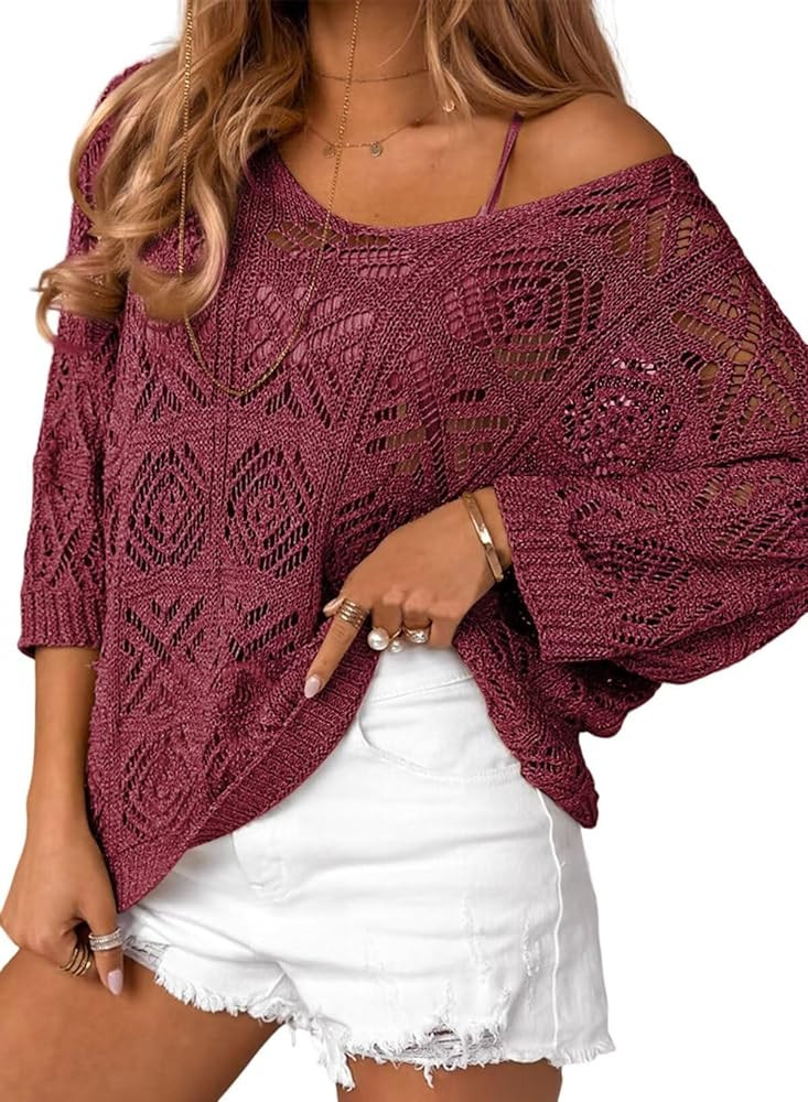 Dokotoo Women's 2024 Spring Summer Crochet Hollow Out 3/4 Sleeve Pullover Sweater Off Shoulder T-... | Amazon (US)
