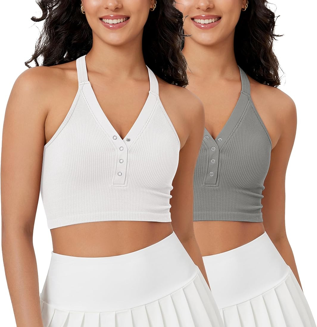 ODODOS 2-Pack Seamless Henley Crop for Women Open Back Ribbed Tank Button-up Cropped Top | Amazon (US)