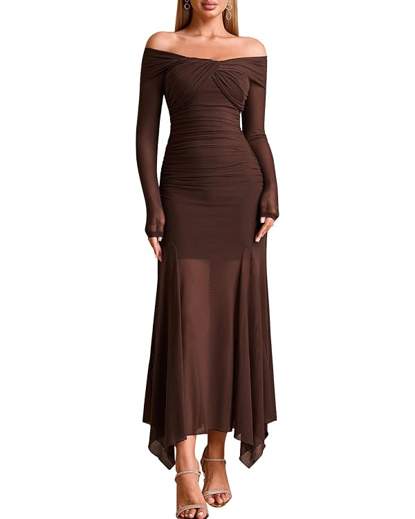 EYNMIN Women's Off The Shoulder Maxi Dress Long Sleeve Ruched Bodycon Asymmetrical Mesh Formal Fa... | Amazon (US)