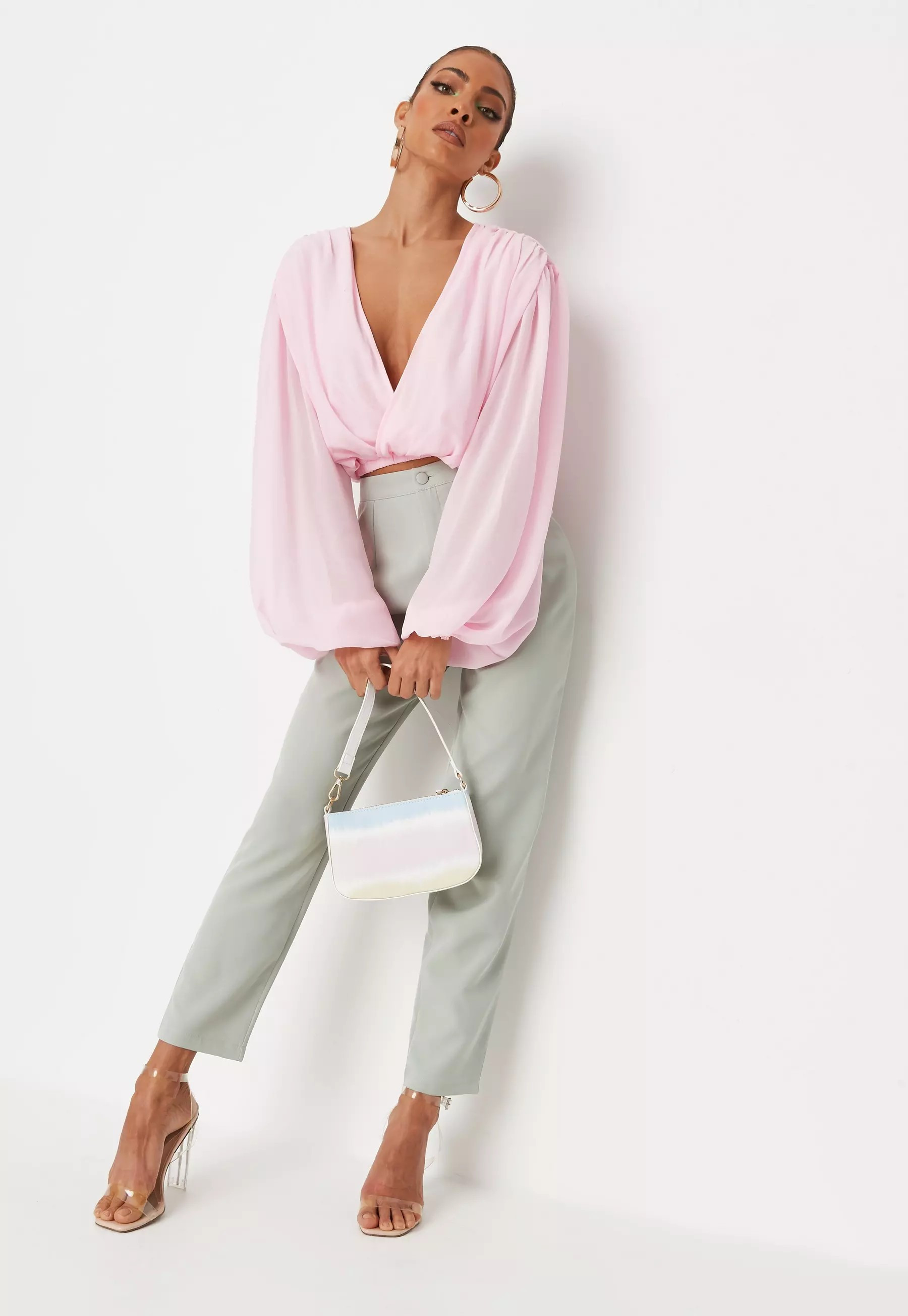Blush Balloon Sleeve Drape Front Chiffon Blouse | Missguided (US & CA)