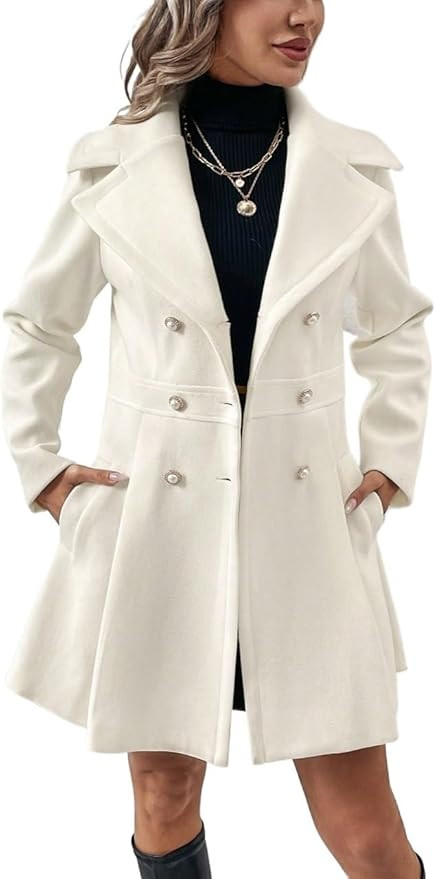 Women's Wool Blend Pea Trench Coat Lapel Neck Double Breasted Slant Pocket Overcoat | Amazon (US)