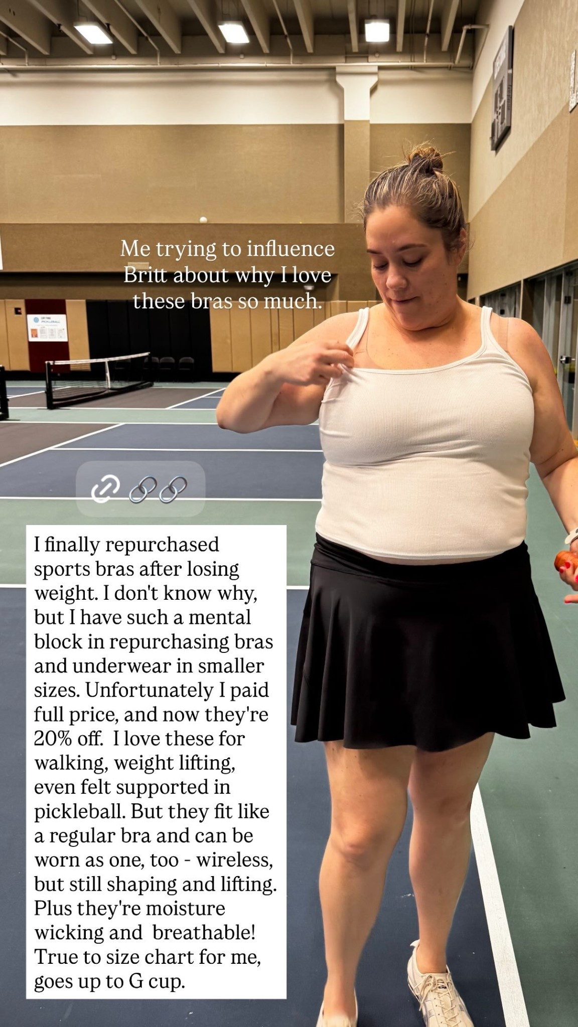 Me trying to influence Britt about why I love these bras so much.  I finally repurchased sports bras after losing weight. I don't know why, but I have such a mental block in repurchasing bras and underwear in smaller sizes. Unfortunately I paid full price, and now they're 20% off.  I love these for walking, weight lifting, even felt supported in pickleball. But they fit like a regular bra and can be worn as one, too - wireless, but still shaping and lifting. Plus they're moisture wicking and  breathable! True to size chart for me, goes up to G cup.

#LTKActive #LTKSaleAlert #LTKPlusSize
