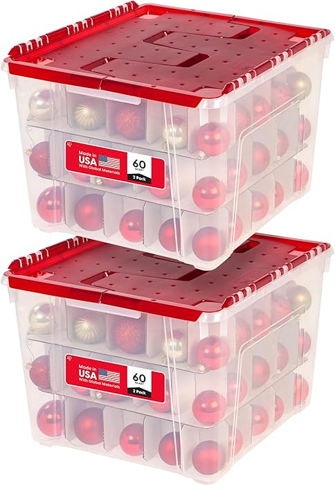IRIS USA Ornament Storage Box with Attached Lid, Stores 75 Ornaments per Bin, 2-Pack, Stackable D... | Amazon (US)