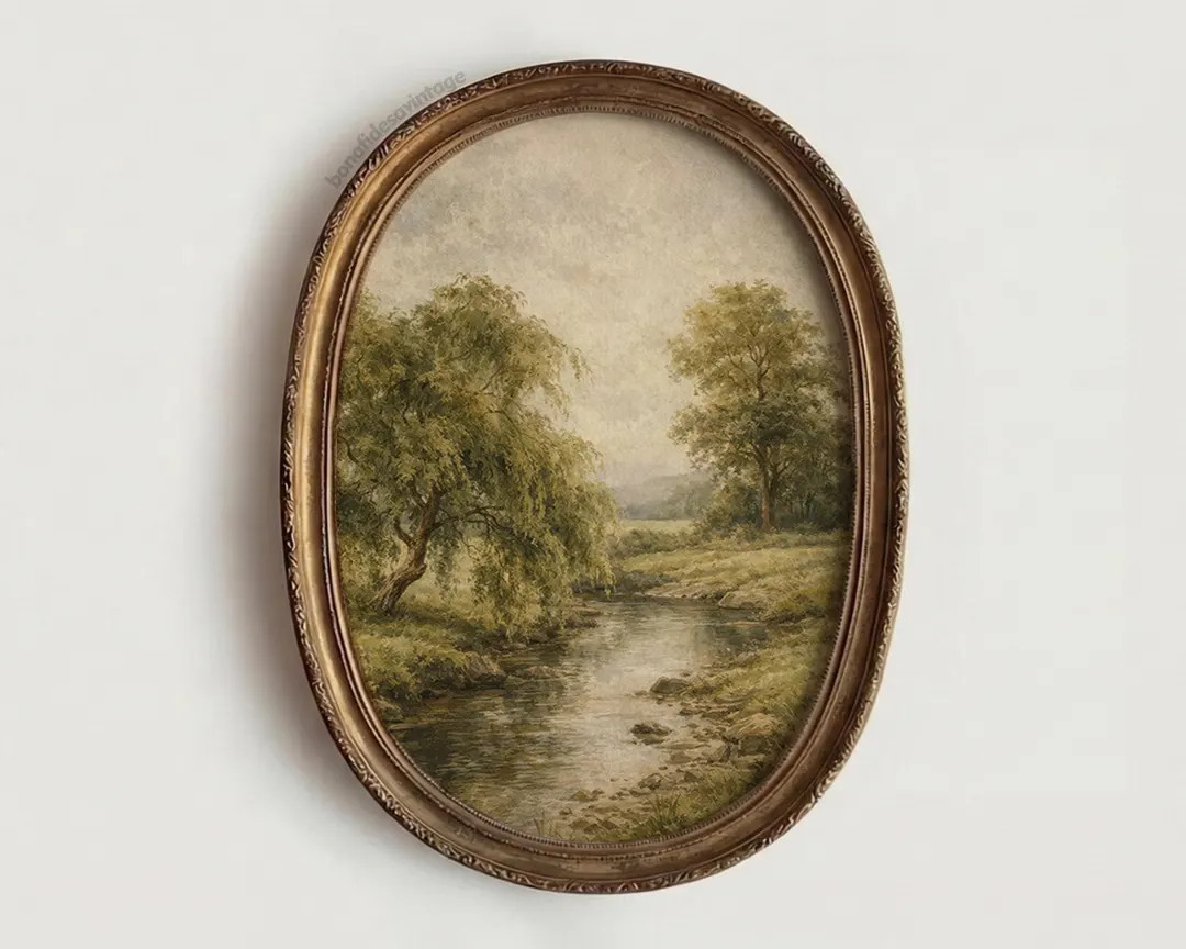 Vintage Landscape Printable Wall Art – Pastoral River With Willow, Neutral Green Digital Downlo... | Etsy (US)