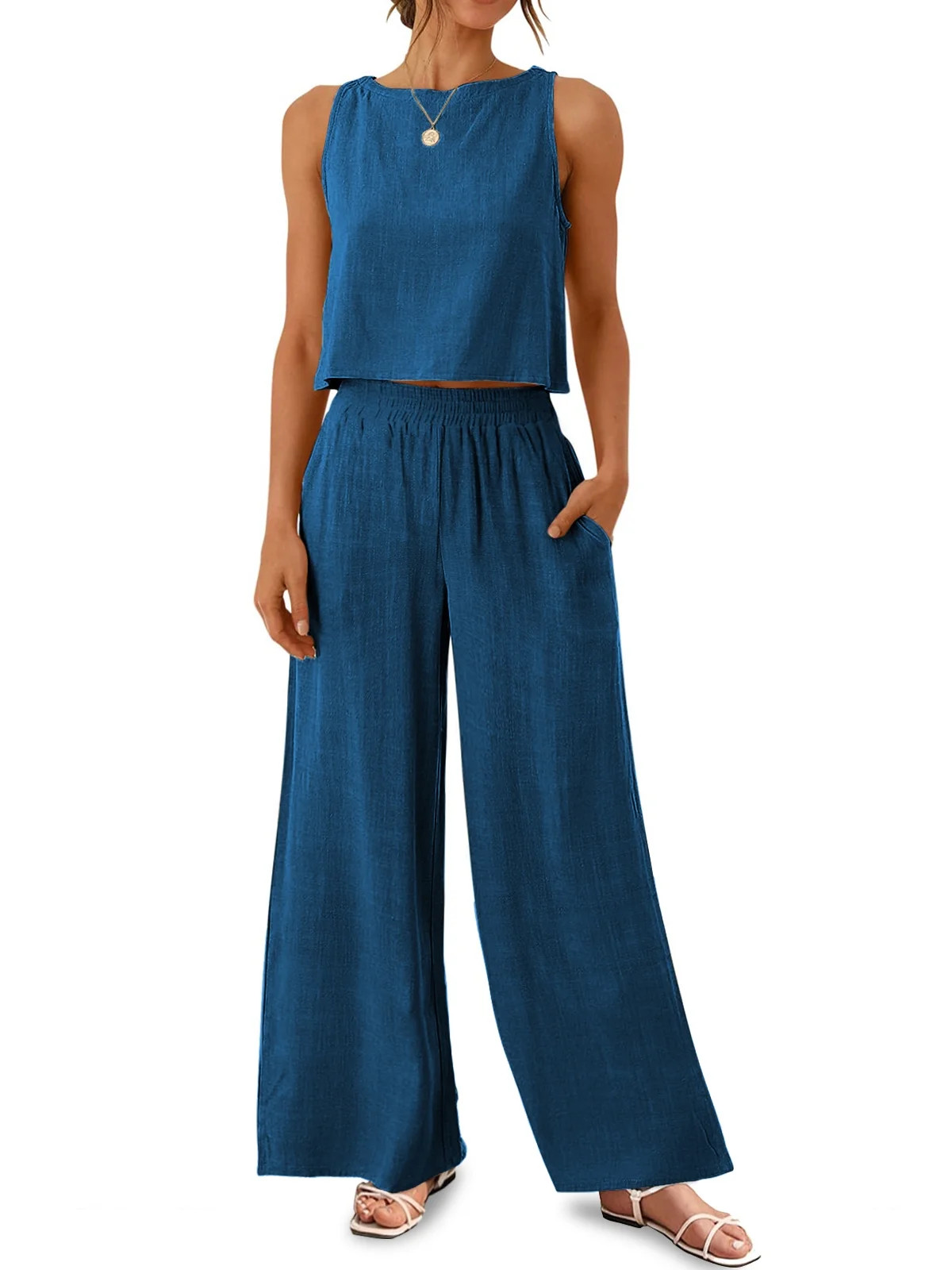 MOSHU Two Piece Lounge Sets for Women Loose Fit Tank Tops and Wide Leg Pants with Pockets Solid S... | Walmart (US)