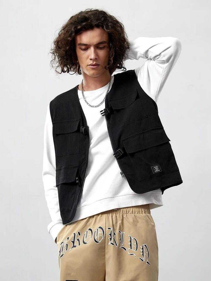 ROMWE Street Life Guys 1pc Letter Patched Detail Flap Pocket Vest Jacket | SHEIN