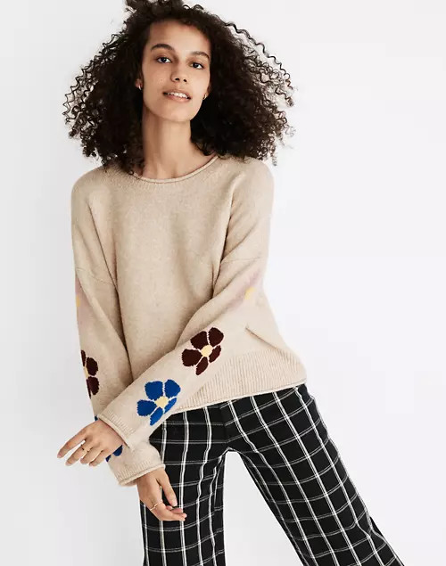 Belmore Floral-Sleeve Pullover Sweater in Coziest Textured Yarn | Madewell