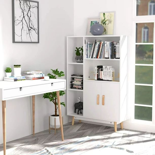 Homfa 5 Cube Bookcase with Door, Open Shelves Free Standing Storage Cabinet with Solid Legs, Whit... | Walmart (US)