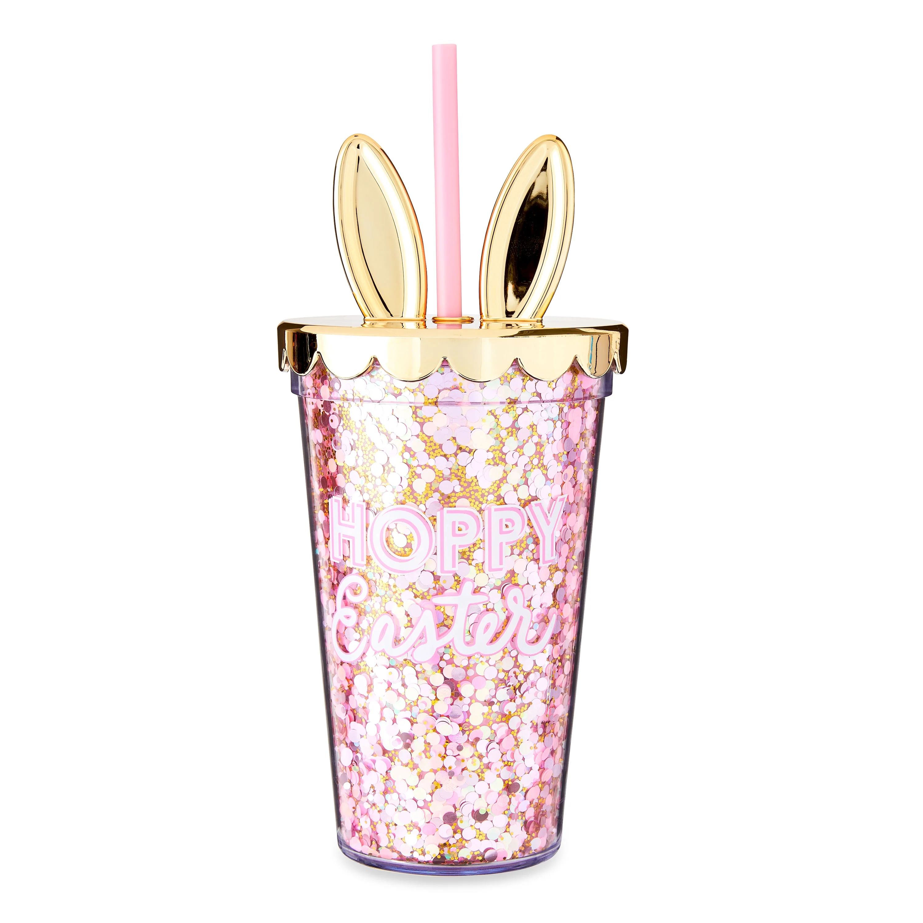 Packed Party 'Hoppy Easter' Pink Confetti Filled 18oz. Double Wall Plastic Straw Tumbler with Lux... | Walmart (US)
