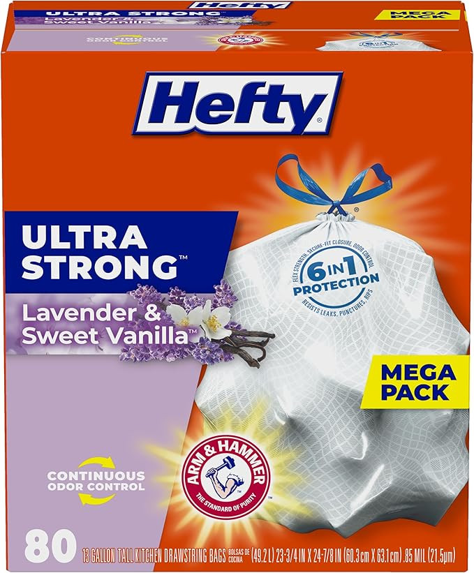 Hefty Ultra Strong Tall Kitchen Trash Bags, Lavender & Sweet Vanilla Scent, 13 Gallon, 80 Count | Amazon (US)