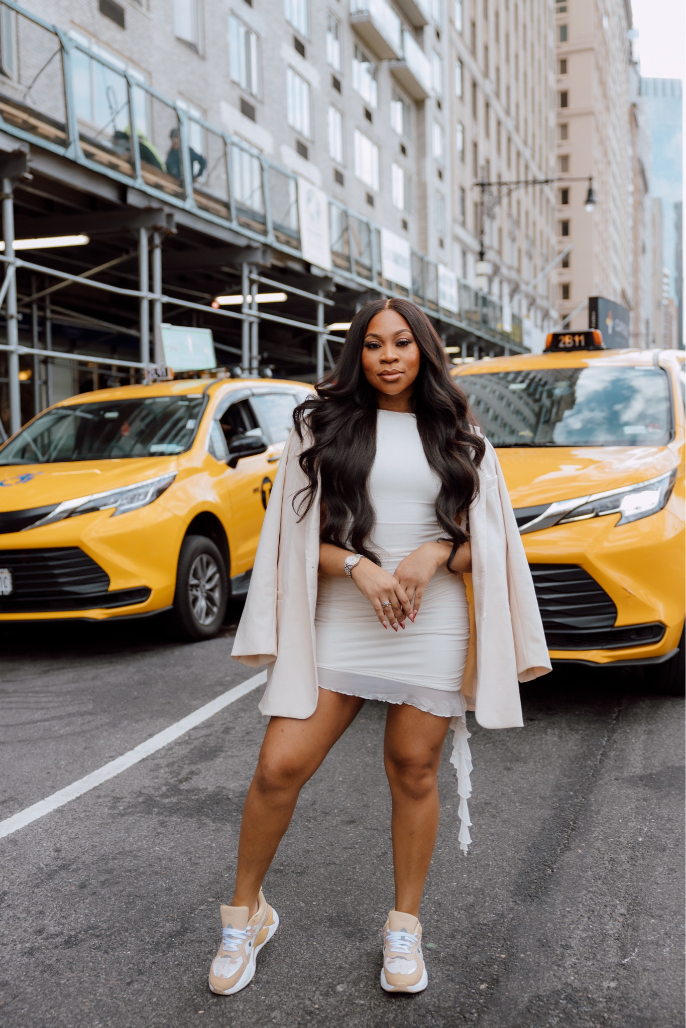 New York fashion week all crème flirty dress with a blazer look! Perfect for stepping out with your friends or a business lunch! Wearing my puma’s to give a casual vibe !

#LTKstyletip #LTKshoecrush #LTKworkwear