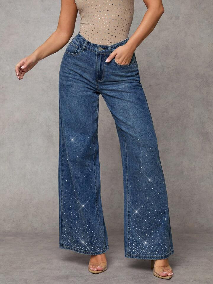 SHEIN Essnce Women's Loose Wide Leg Jeans With Rhinestones, Blue | SHEIN