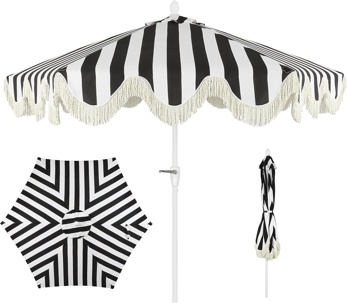 JONATHAN Y UMB1001 Collins 9 ft. Classic Cottage Tassel Market Patio Umbrella with Auto-Tilt, Cra... | Amazon (US)