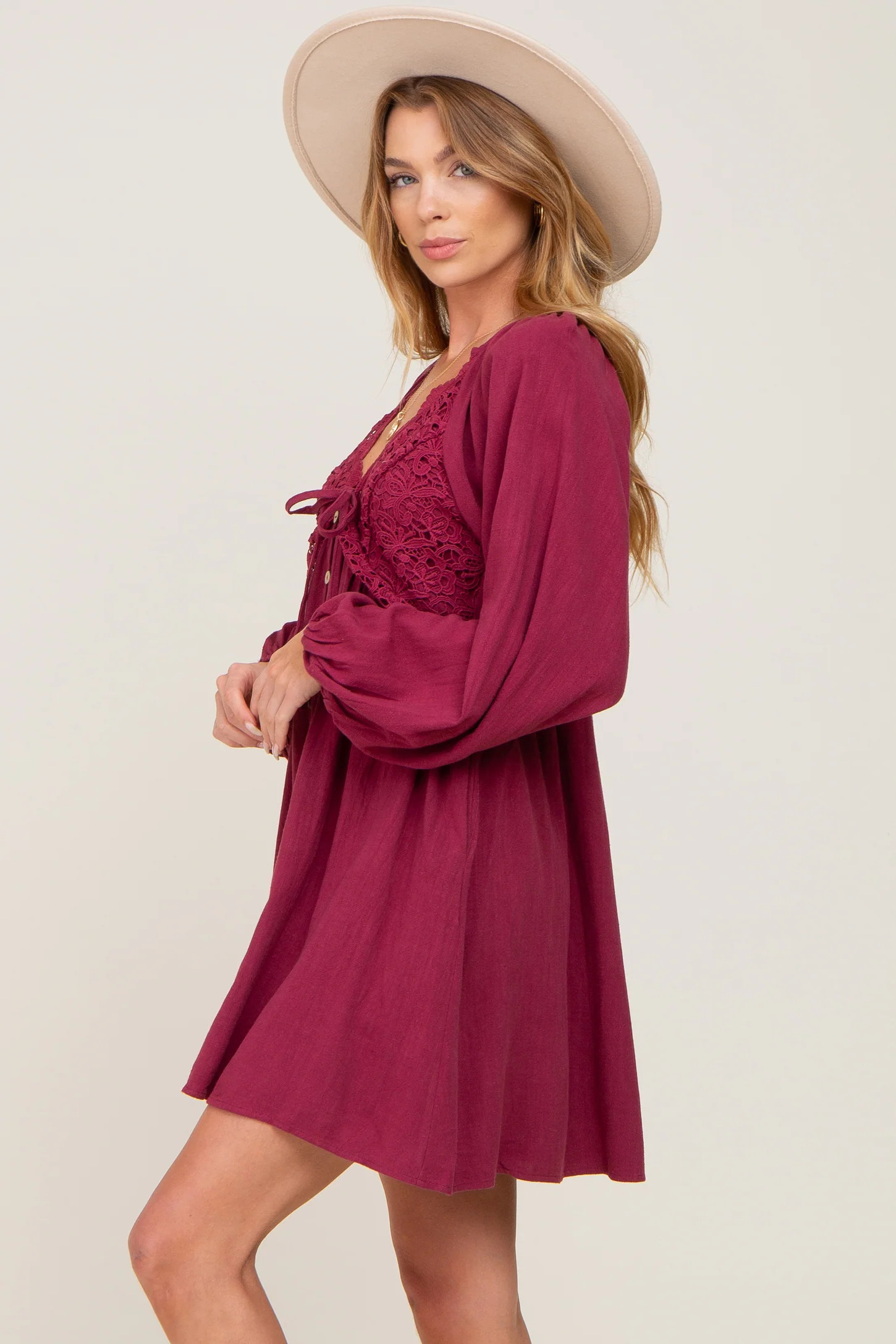 Burgundy Crochet Lace Button Front Dress | PinkBlush Maternity