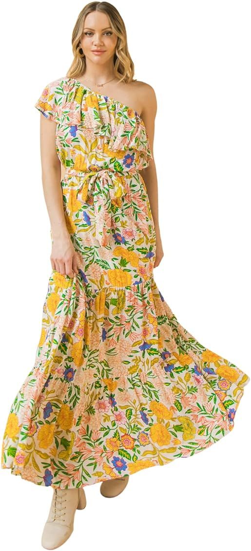 Flying Tomato Off Shoulder Bohemian Maxi Dress - Off Shoulder Ethnic Floral Print Sundress with Wais | Amazon (US)