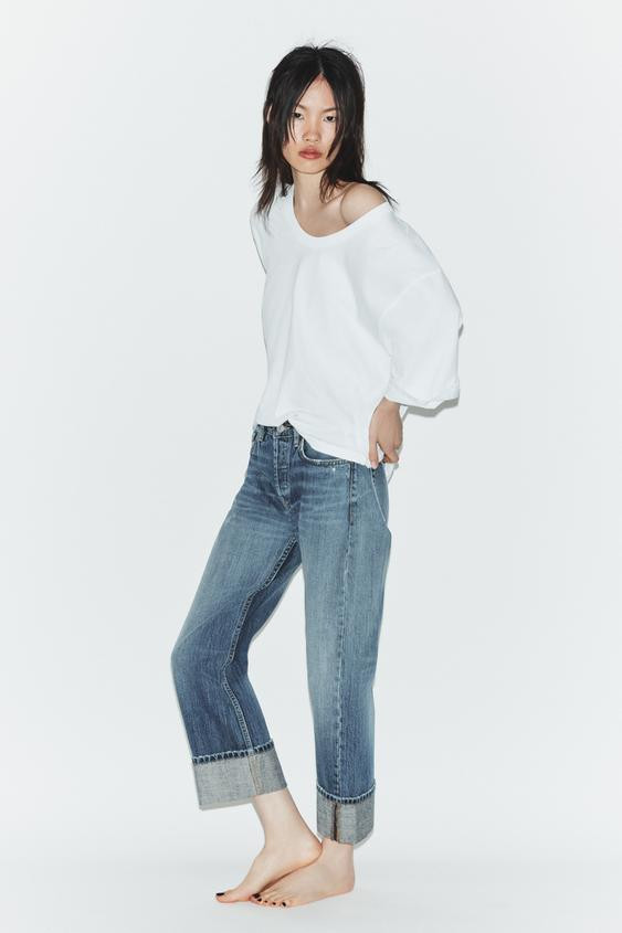 Zara - Trf Fold Up Straight Mid-Waist Jeans - Dark Indigo - Eu 38 (Au 10) - Woman | Zara AU