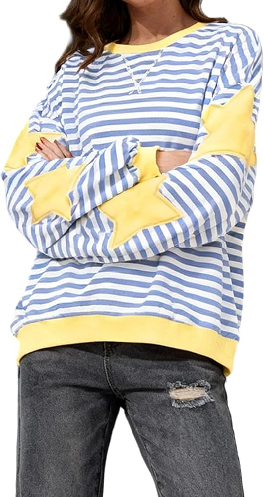 Womens Oversized Striped Sweatshirt Star Print Long Sleeve Crew Neck Pullover Casual Going Out To... | Amazon (US)
