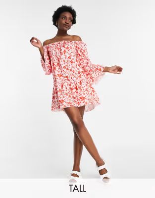 Parisian Tall off shoulder shadow floral mini dress in pink | ASOS (Global)