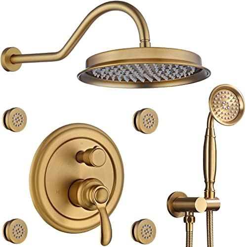 Homekicen Brushed Gold Shower System - Antique Faucet Set Complete Wall Mounted 9" Rain Head with Ha | Amazon (US)