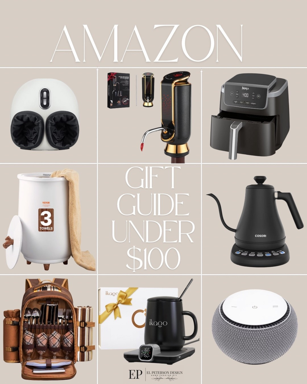 Amazon gift guide under $100
Air fryer
Foot massager
Towel warmer
Picnic back pack
White noise Machine
Coffee warmer
Electric tea kettle
Wine dispenser 

#LTKHome #LTKGiftGuide