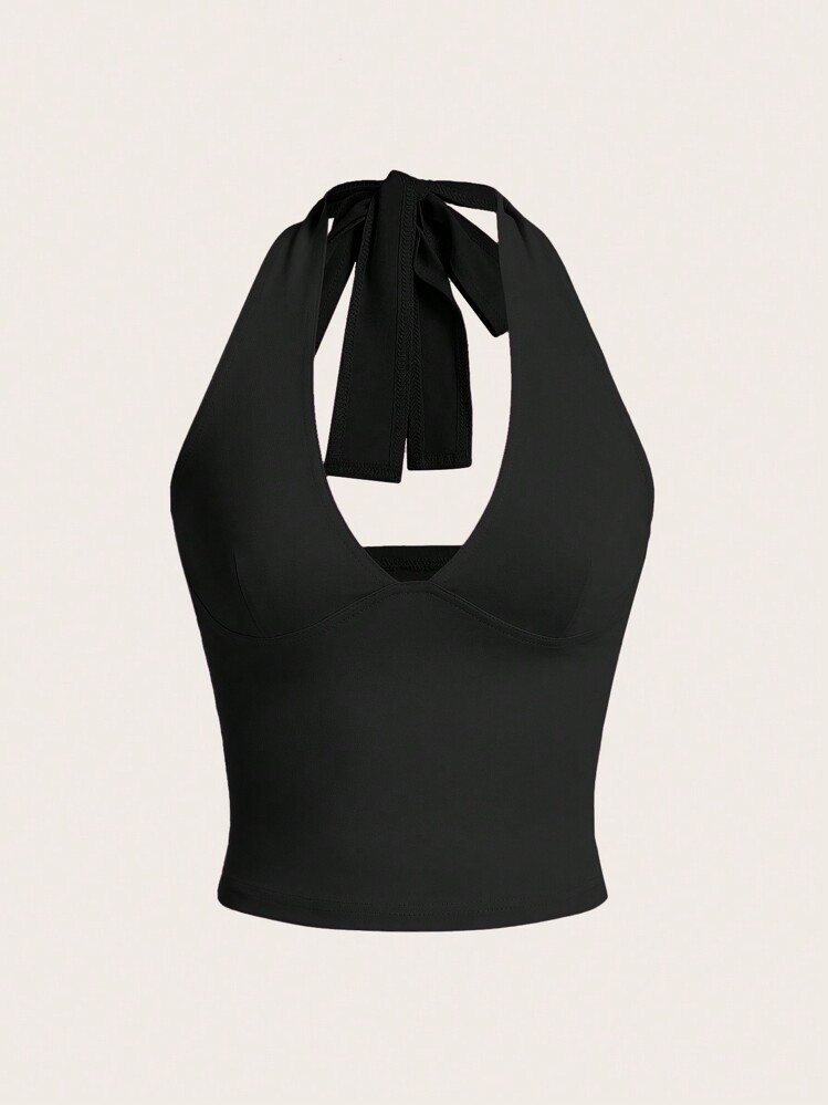 SHEIN EZwear Women Fashionable Solid Color Halter Neck V-Neck Tank Top With Hollow Out Design | SHEIN