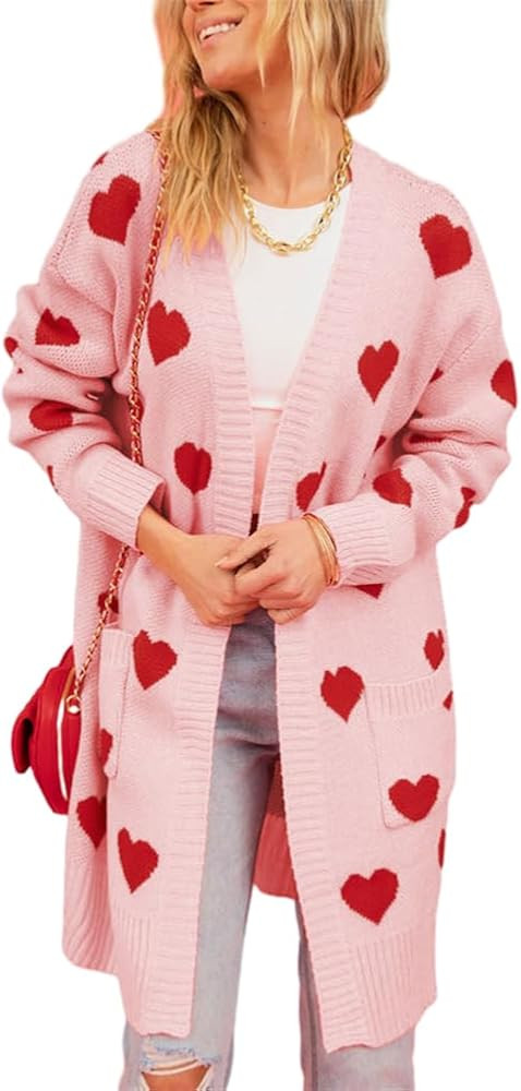 HOULENGS Women's Heart Print Knitted Long Cardigan Sweater V Neck Open Front Sweater Outerwears w... | Amazon (US)