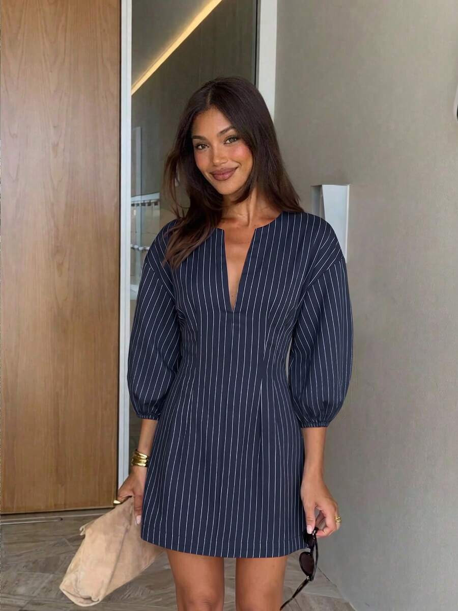 Siren Gaze Women's Elegant French Navy Blue And White Summer Petal Sleeve V Neck Mini Dress,Casual Office Work A Line For Vacation,Holiday Wedding Guest Wear | SHEIN