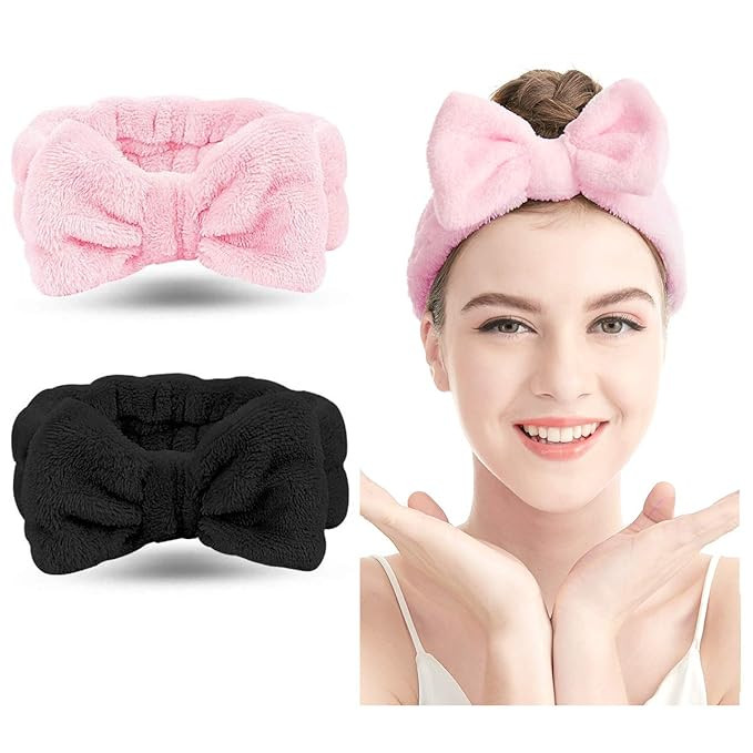 Spa Headband – 2 Pack Bow Hair Band Women Facial Makeup Head Band Soft Coral Fleece Head Wraps ... | Amazon (US)