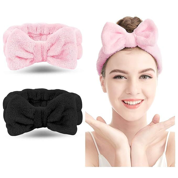 Spa Headband – 2 Pack Bow Hair Band Women Facial Makeup Head Band Soft Coral Fleece Head Wraps ... | Amazon (US)