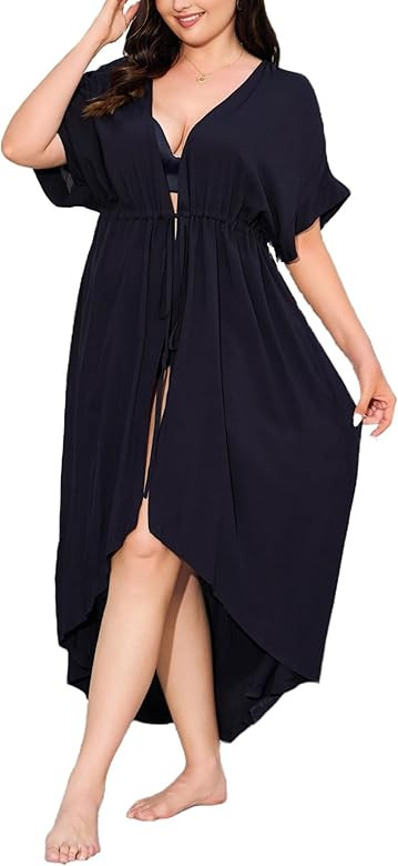 IN'VOLAND Women Plus Size Long Cover up Stripe Bikini Coverups Kimono Tie Front Bathing Suit Swim... | Amazon (US)
