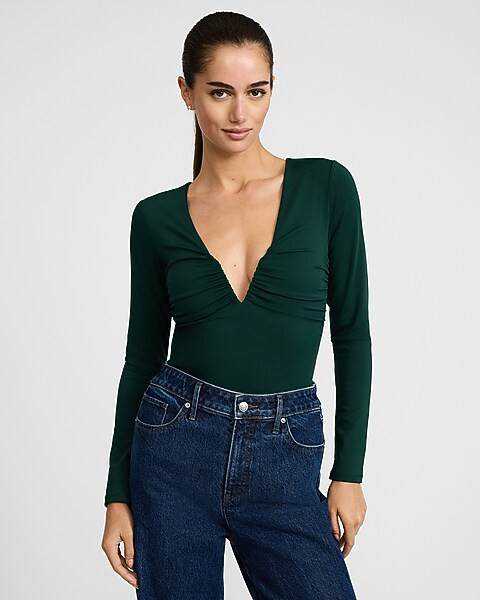 Body Contour High Compression V-neck Long Sleeve Ruched Bodysuit | Express